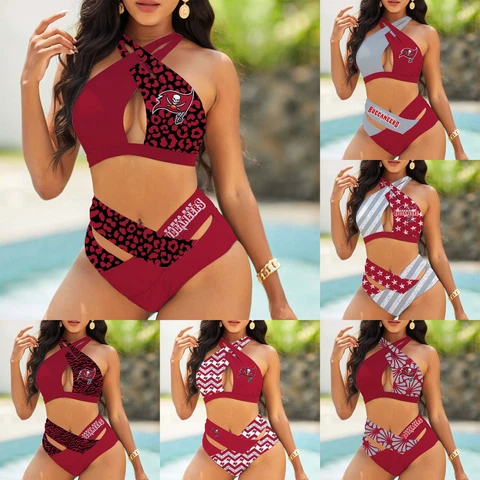 Tampa Bay Buccaneers 2PCS Front Cross Halter Swimsuit Push Up Bikini Bathing Set Cover