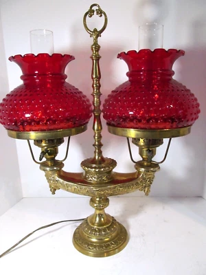 Antique Bronze/Brass Double Red Hobnail Glass Harvard Student Elec Lamp - Image 1 of 4