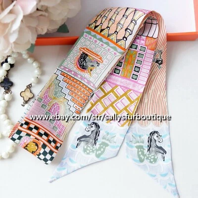 Sallys Boutique 100% Silk Scarf Ribbon Print Slim Head Band Neck Tie 85*5cm - Image 1 of 4