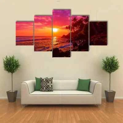 Palm Trees Tropical Sunset Beach Vibrant Sky Ocean 5 Piece Panel Canvas Wall Art - Image 1 of 2