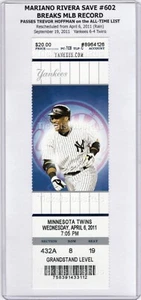 Mariano Rivera SAVE #602 MLB RECORD 2011 Yankees Twins 9/19 boleto completo cano - Imagen 1 de 12