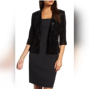 Eliza J Sequined Velvet evening Blazer Jacket ruched sleeve - Black Sz L - Picture 1 of 9