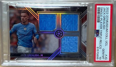 JACK GREALISH * PSA 10 * 2022-23 TOPPS MUSEUM TRIPLE JERSEY RELIC /75 MAN CITY - Image 1 of 4