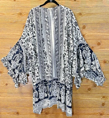 Romantic Gypsy Kimono Duster Sz 3X Open Robe 3/4 Flared Ruffles Sleeves Bohemian - Image 1 of 4