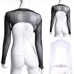 Black Sheer Mesh Long Sleeve Crop Top Women Transparent Open Front Shirt - Picture 1 of 18