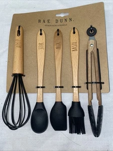 5 Piece Rae Dunn White Miniature Utensil Set Wooden Handles + Silicone NWT - Picture 1 of 2