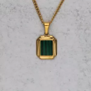 Gold Faux Malachite Pendant Necklace Stainless Steel Green Stone - Picture 1 of 6