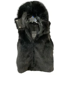 Pretty Little Thing  Vest Jacket Woman's 10 Faux Fur Hooded SKI Black Full Zip - Picture 1 of 15