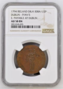 1794 Ireland Dublin Fyan's Conder 1/2 Penny Token NGC AU-58 BN - Picture 1 of 4