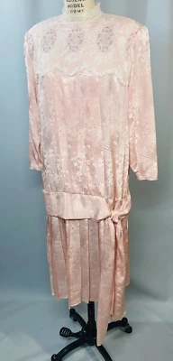 Vintage Dress SIZE LARGE pink drop waist NILANI flapper cottage 80s 90s modest - Image 1 of 4
