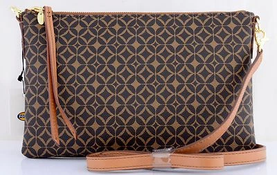 BOLSO BANDOLERA NUEVO CON ETIQUETAS *RARO* FÓSIL SYDNEY MARRÓN FIRMA LOGOTIPO PATRÓN CREMALLERA SUPERIOR Foto 1 de 3