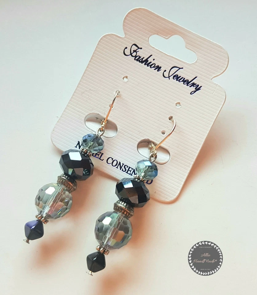 Orecchini donna pendenti con cristalli neri e argento, eleganti - Immagine 1 di 1