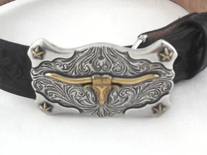 TONY LAMA Texas Longhorn Belt Dark Brown Tooled Western Buckle USA Youth 22 * - Picture 1 of 4
