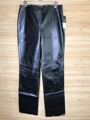 $198 Kenneth Cole Black  Leather Pants lined side zip motorcycle straight leg 6 - Image 1 of 4