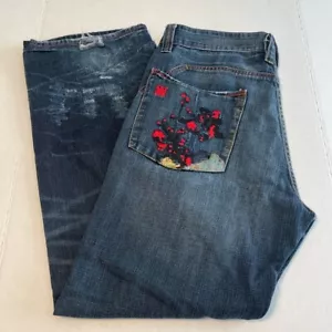 Five Pointz Dark Wash Embroidery Distressed Jeans Back Pocket 38X34 Vintage Y2K - Bild 1 von 12