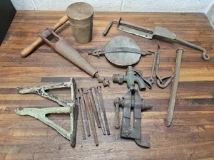 K110- Antique Farm Primitives Lot- Vise, Hardware, Barrel Bung, Etc - Picture 1 of 18