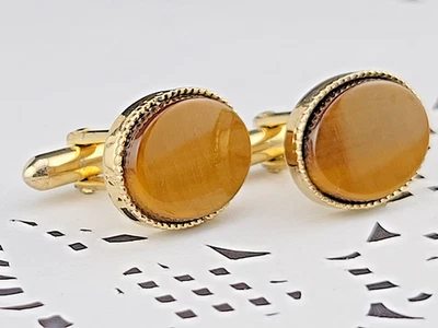 Vintage Signed Swank Cat 🐅 Tiger Eye Brown Stone Oval Gold Plated Cufflinks - Image 1 of 4