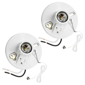 Light Socket with Grounded Outlet, Porcelain Pull Chain Fixture, E26/E27 Base, 2 - Picture 1 of 12