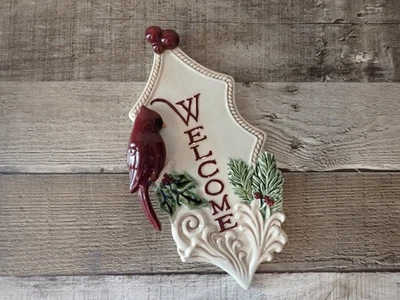 Grasslands Road Christmas Welcome Wall Plaque with Red Cardinal and Evergreens - Image 1 of 4