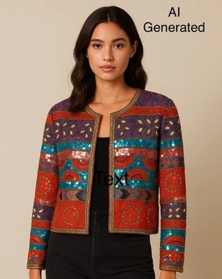 Vintage Night Vogue Sequined Beaded Silk Jacket Womens M Red Aqua Art to Wear - Image 1 of 4