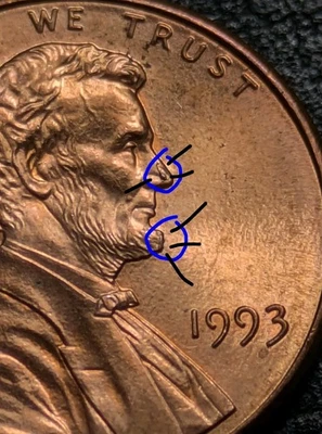 1993 1c Memorial Cent 2 Die Chip Errors Uncirculated + Struck Through Error - Image 1 of 4