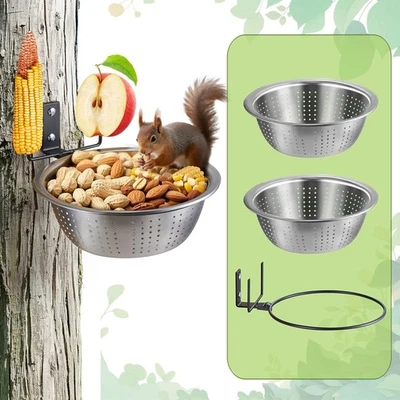 Alimentador de esquilo - 1 suporte de metal + 2 tigelas de coador 1 2 tigelas, prata  - Imagem 1 de 4