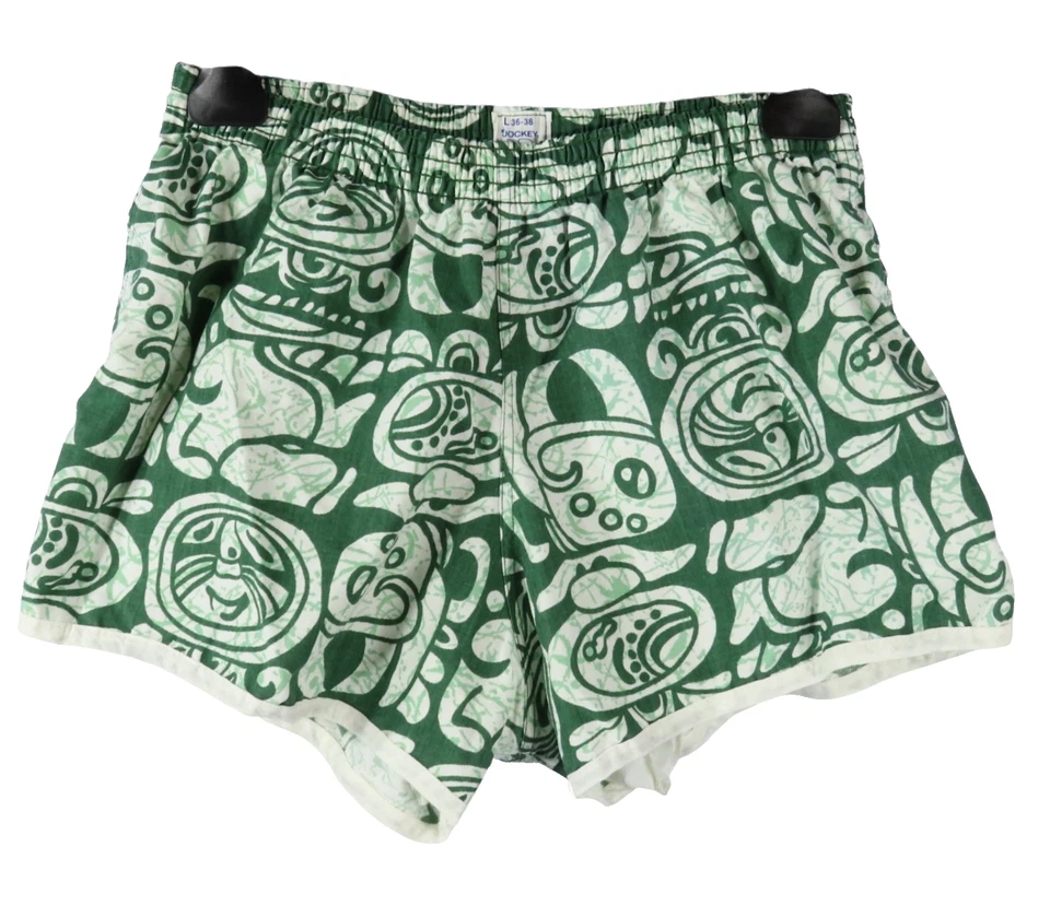 Vintage JOCKEY DP SPORT SHORT Swim Shorts GREEN BATIK TIKI HAWAIIAN sz L 36-38 - Image 1 of 4