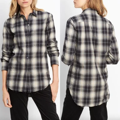 $275 NUEVO CON ETIQUETAS Camisa Vince Gris Cuadros Tartán Abotonada Dobladillo Crudo Cuello Talla Grande Foto 1 de 4