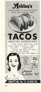 Ashleys Tortillas 1961: pubblicità stampa d'epoca Tacos - Foto 1 di 1