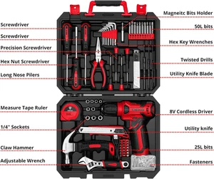 Compact Cordless Drill Kit + Hand Tools Set + Toolbox for DIY Home Repair - Picture 1 of 7