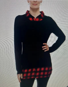 Adrianna Papell Collared Long Sleeve Twofer Viscose Top Black/Red Buffalo Plaid - Picture 1 of 6