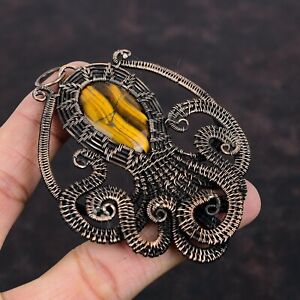 Women Day Gift Tiger'S Eye Copper Wire Wrapped Octopus Pendant For Women 3.39"