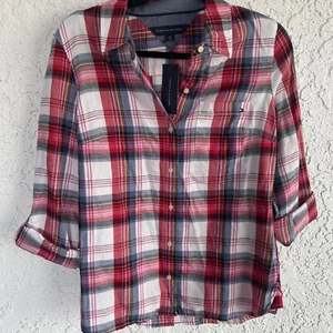 Tommy Hilfiger Shirt Women’s Large L Multicolor Plaid Long Sleeves Pocket Casual - Picture 1 of 11