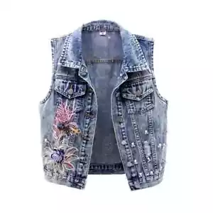 Damen Jeansjacke Perlen Blumen kurze Jeansjacke ärmellose Weste Weste Freizeit - Bild 1 von 24