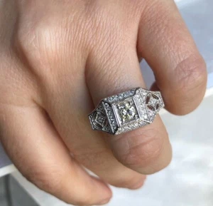 14k Antique Design Ring .56 ct Art Deco Diamond Engagement 14k White Gold Vintag - Picture 1 of 10