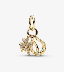 Genuine Pandora 14k Yellow Gold Lucky Clover Wishbone & Horseshoe Dangle Charm - Picture 1 of 10