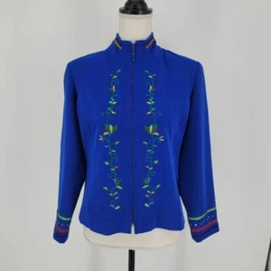 Nancy Bolen City Girl Womens Jacket Blue Floral Embroidered Pockets Petites 6 - Picture 1 of 8
