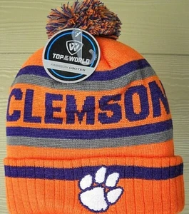 CLEMSON TIGERS ADULT KNIT HAT CAP W/ STITCHED TIGER PAW LOGO ON CUFF, POM ON TOP - Picture 1 of 3