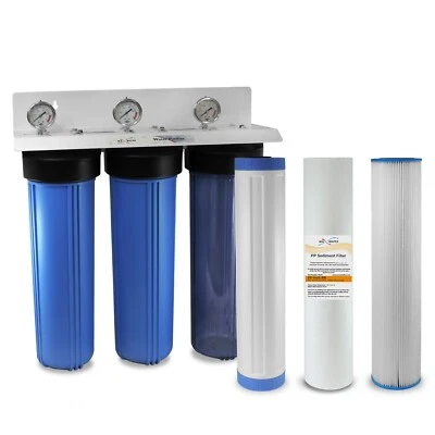 Max Water 3 Stage 20" Big Blue 1" Port Whole House Water Filter + Pressure Gauge - Image 1 of 4