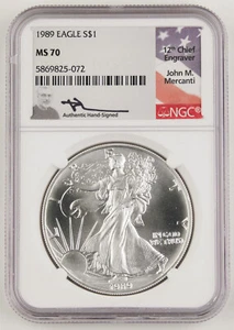 1989 American 1 Oz Silver Eagle GEM BU Coin $1 NGC MS70 with Mercanti Signature - Picture 1 of 4