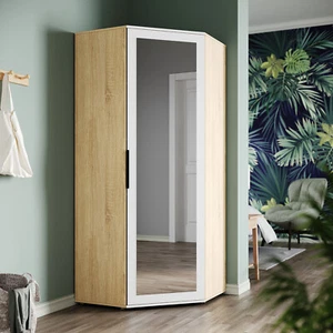 High Gloss Corner Wardrobe with Mirror & Hanging Rail Bedroom Storage Cupboards - Picture 1 of 13