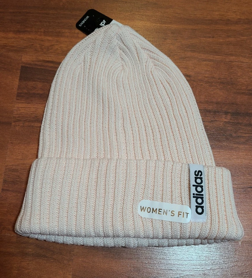 Women’s adidas Winter Hat Hawthorn Fold Knit Cap Stocking Beanie Pink Tint White