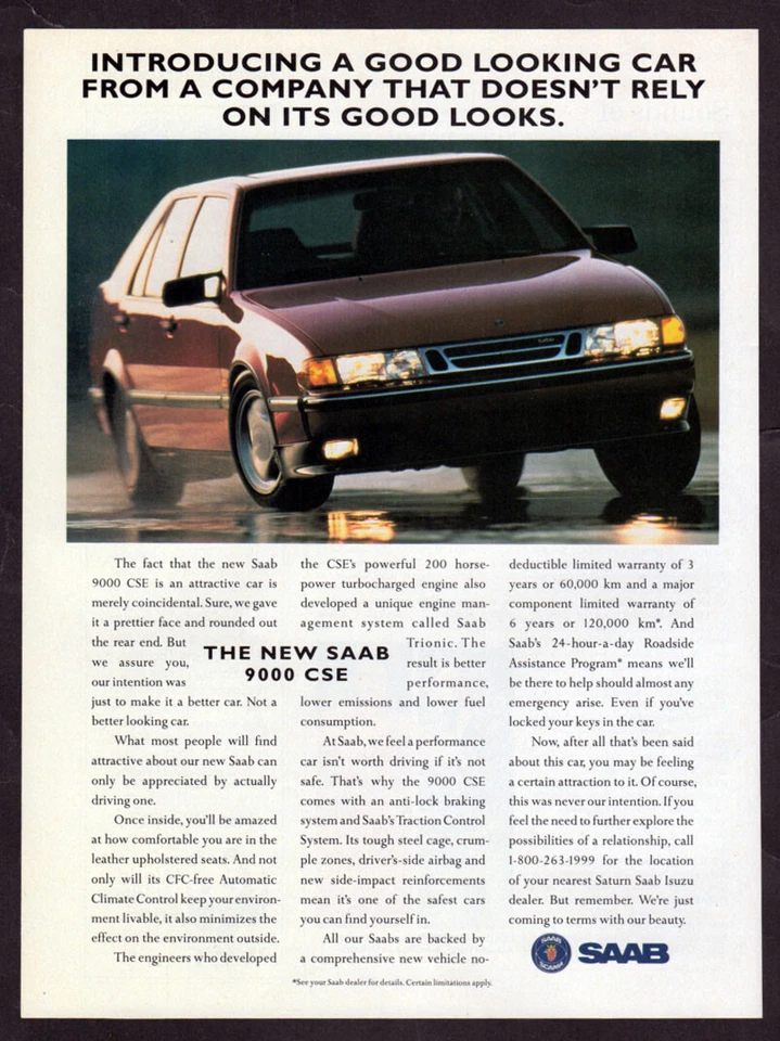 1993 SAAB 9000 CSE Vintage Original Print AD | Red car wet road photo Canada - Image 1 of 1