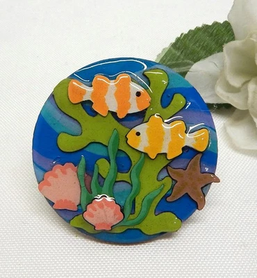 OCEAN THEMED MIXED MEDIA FISH PIN, OOAK COLLECTIBLE PIN BY ECHO & HARA - Image 1 of 3