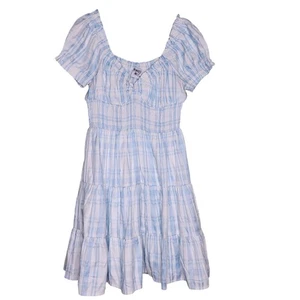 Princess Polly Tiered Mini Dress 6 Blue White Plaid Smocked Cottage Peasant Boho - Picture 1 of 8