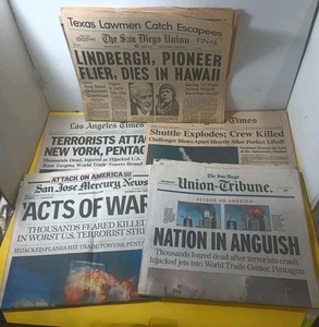 (3) 9/11 Vintage Original Zeitungen Lot + Shuttle Explodes + Lindbergh Dies - Bild 1 von 13