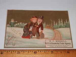 H.C. MERRILL R.R. e AGENZIA BIGLIETTI A VAPORE - PUBBLICITÀ EPOCA 1880-1910 - Foto 1 di 2