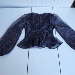 Dee Elly Cropped Schwarz Fuchsia Blumen Chiffon Organza Babydoll Top Herzausschnitt XS - Bild 1 von 13