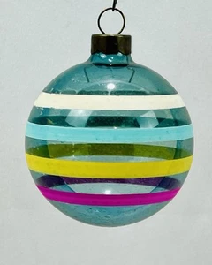 Vintage Unsilvered Shiny Brite Teal Blue Striped Glass Christmas Ornament - Picture 1 of 5