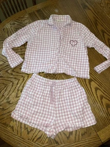 Happily graues Damen Pyjama Set rosa kariert Langarm Oberteil & Shorts Größe L - Bild 1 von 9